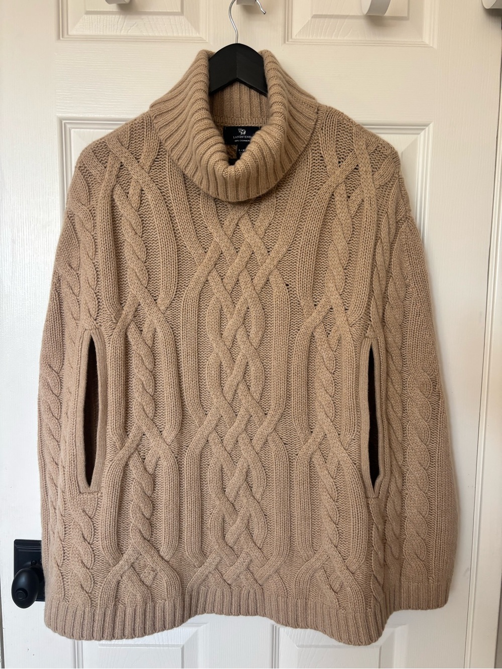 Lands' End Cashmere Women’s Camel Cable Turtleneck Poncho and Sweater Combo